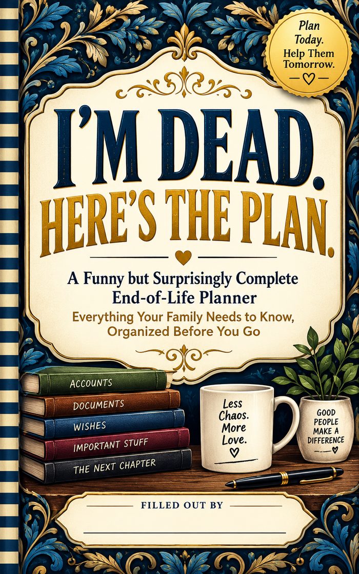 Cover of I'm Dead. Here's the Plan. by Rodson Cardoso — a funny but surprisingly complete end-of-life planner