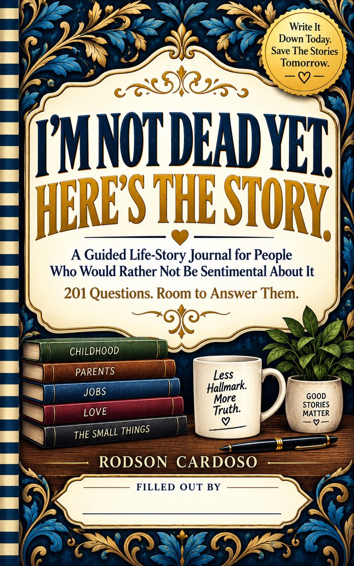 Cover of I'm Not Dead Yet. Here's the Story. by Rodson Cardoso — a guided life-story journal with 201 questions