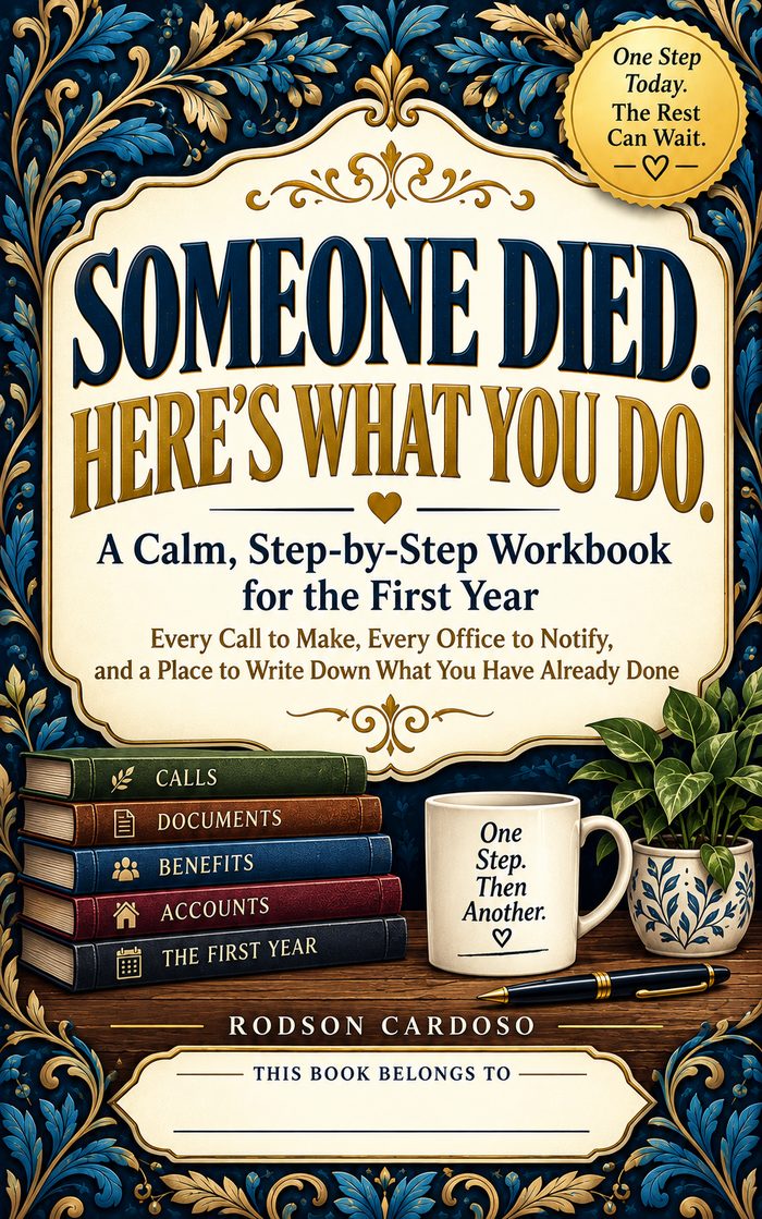 Cover of Someone Died. Here's What You Do. by Rodson Cardoso — a calm, step-by-step workbook for the first year